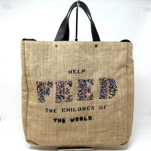 FEED 100 Artisan Beaded Burlap and Leather Crossbody Tote Feed the World